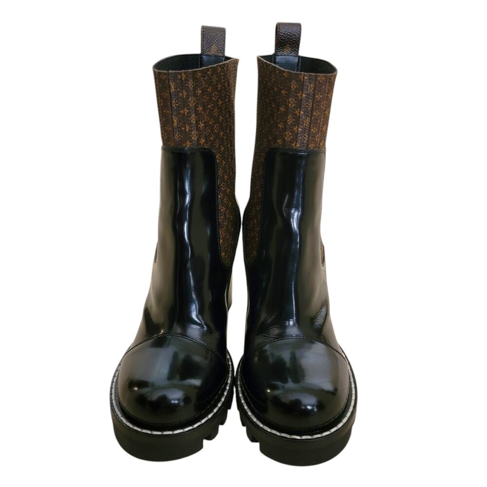Louis Vuitton Glossy Black and Textured Brown Booties - Picture 3 of 15